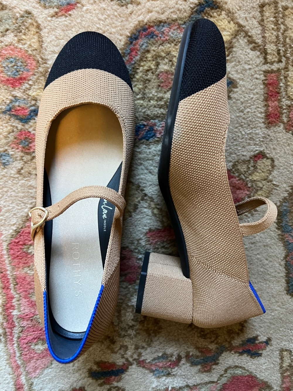Rothy's Two-Tone Mary Jane Block Heel in Tan and Black with Blue Trim